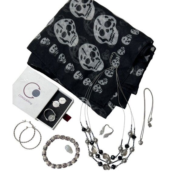 Mixed Gothic Jewelry 7-Piece Set W/ CONQUERing and Skull Scarf - Picture 1 of 7